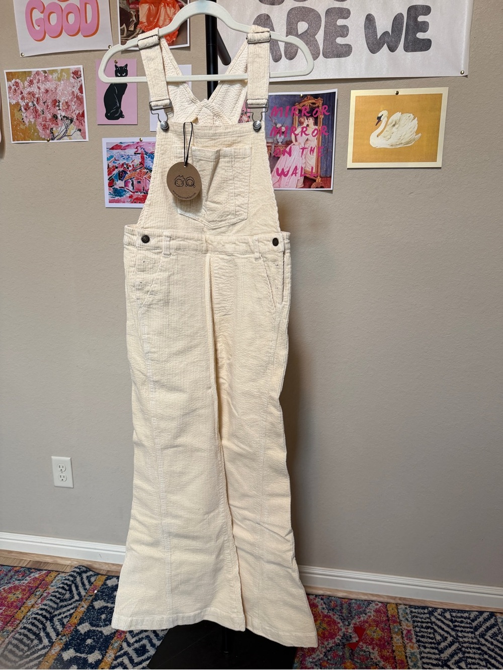 NWT Aaron & Amber Cream Vintage Wash Barrel leg Corduroy Overalls SIZE Medium
